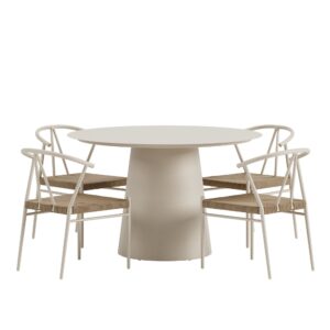 Lanzo, Alfons – Ensemble repas – Beige – Table : ⌀120cm, Chaise : 58 x 74 x 55 cm