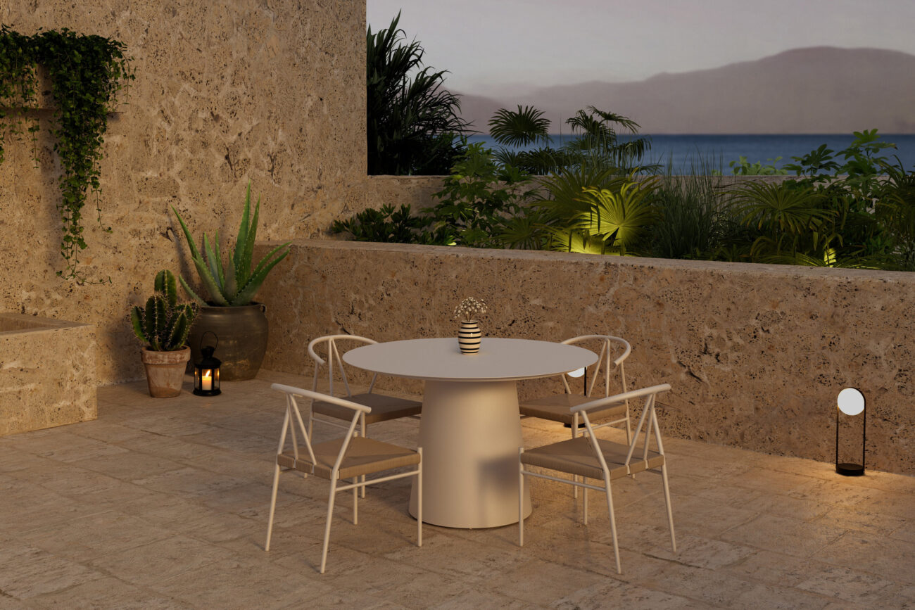 Lanzo, Alfons – Ensemble repas – Beige – Table : ⌀120cm, Chaise : 58 x 74 x 55 cm