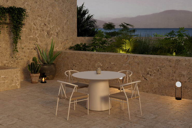 Lanzo, Alfons – Ensemble repas – Beige – Table : ⌀120cm, Chaise : 58 x 74 x 55 cm