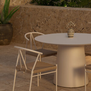 Lanzo, Alfons – Ensemble repas – Beige – Table : ⌀120cm, Chaise : 58 x 74 x 55 cm