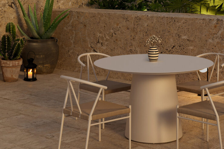 Lanzo, Alfons – Ensemble repas – Beige – Table : ⌀120cm, Chaise : 58 x 74 x 55 cm