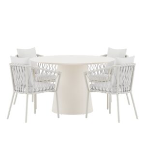 Lanzo, Linos – Ensemble repas – Beige – Table : ⌀120cm, Chaise : 60 x 75 x 58 cm