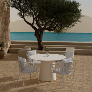 Lanzo, Linos – Ensemble repas – Beige – Table : ⌀120cm, Chaise : 60 x 75 x 58 cm