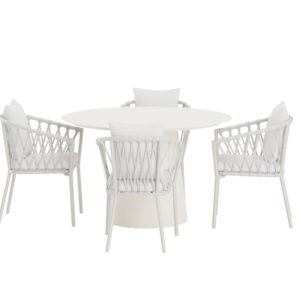 Lanzo, Linos – Ensemble repas – Beige – Table : ⌀120cm, Chaise : 60 x 75 x 58 cm