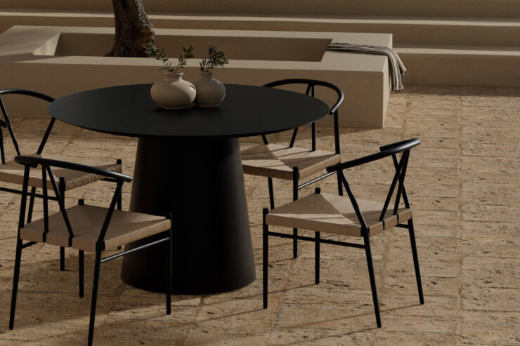 Lanzo, Alfons – Ensemble repas – Noir – Table : ⌀120cm, Chaise : 58 x 74 x 55 cm