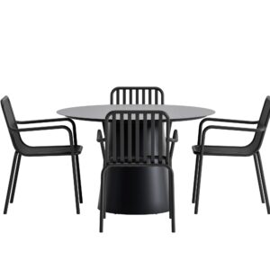 Lanzo, Peking – Ensemble repas – Noir – Table : ⌀120cm, Chaise : 64 x 85 x 60 cm