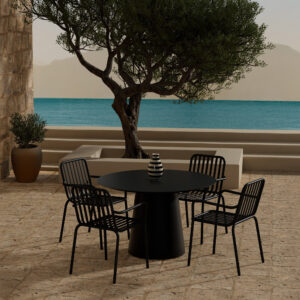 Lanzo, Peking – Ensemble repas – Noir – Table : ⌀120cm, Chaise : 64 x 85 x 60 cm