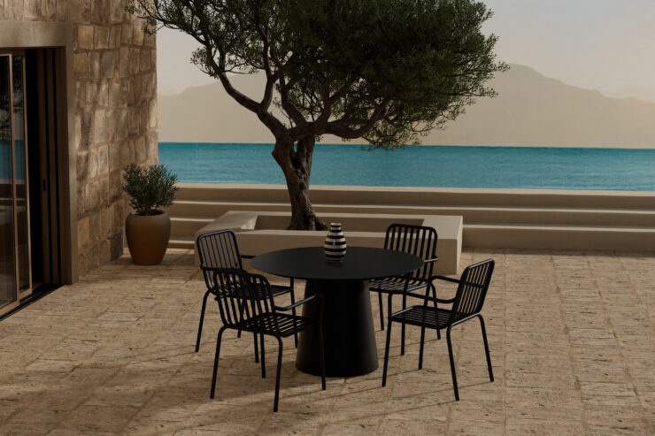 Lanzo, Peking – Ensemble repas – Noir – Table : ⌀120cm, Chaise : 64 x 85 x 60 cm