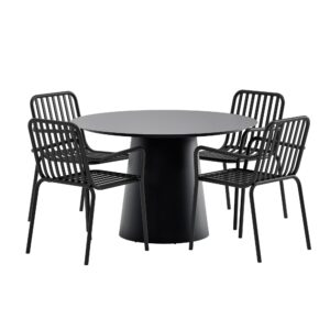 Lanzo, Peking – Ensemble repas – Noir – Table : ⌀120cm, Chaise : 64 x 85 x 60 cm