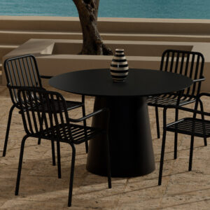 Lanzo, Peking – Ensemble repas – Noir – Table : ⌀120cm, Chaise : 64 x 85 x 60 cm