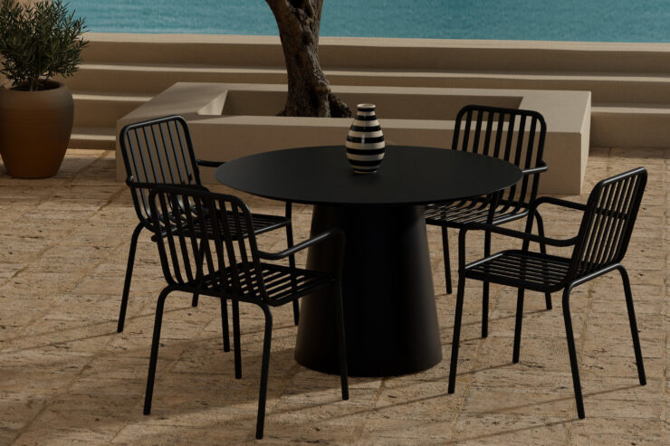Lanzo, Peking – Ensemble repas – Noir – Table : ⌀120cm, Chaise : 64 x 85 x 60 cm