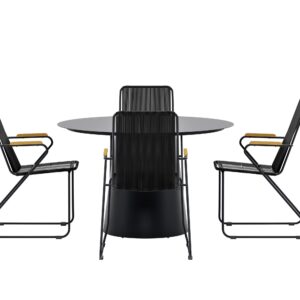 Lanzo, Bois – Ensemble repas – Noir – Table : ⌀120cm, Chaise : 63 x 93 x 60 cm