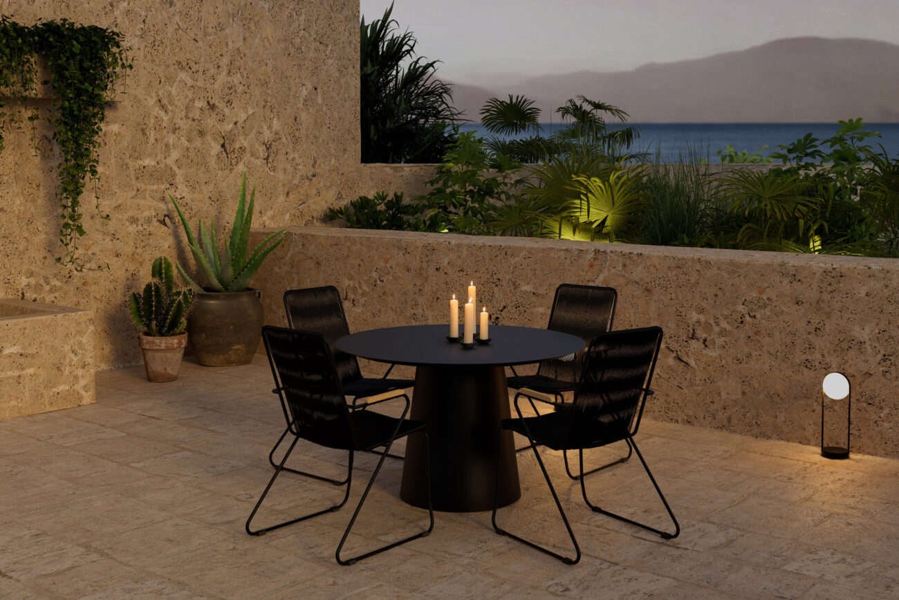 Lanzo, Bois – Ensemble repas – Noir – Table : ⌀120cm, Chaise : 63 x 93 x 60 cm