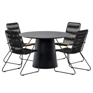 Lanzo, Bois – Ensemble repas – Noir – Table : ⌀120cm, Chaise : 63 x 93 x 60 cm