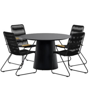Lanzo, Bois – Ensemble repas – Noir – Table : ⌀120cm, Chaise : 63 x 93 x 60 cm