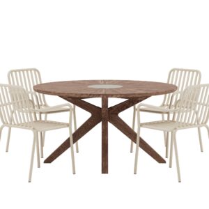 Rosario, Peking – Ensemble repas – Marron – Table : ⌀140cm, Chaise : 64 x 85 x 60 cm