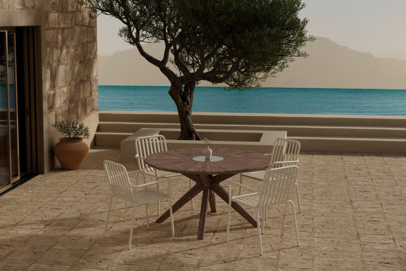 Rosario, Peking – Ensemble repas – Marron – Table : ⌀140cm, Chaise : 64 x 85 x 60 cm