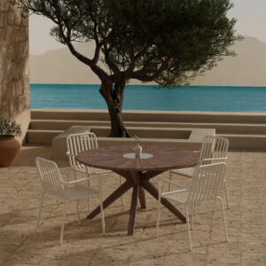 Rosario, Peking – Ensemble repas – Marron – Table : ⌀140cm, Chaise : 64 x 85 x 60 cm