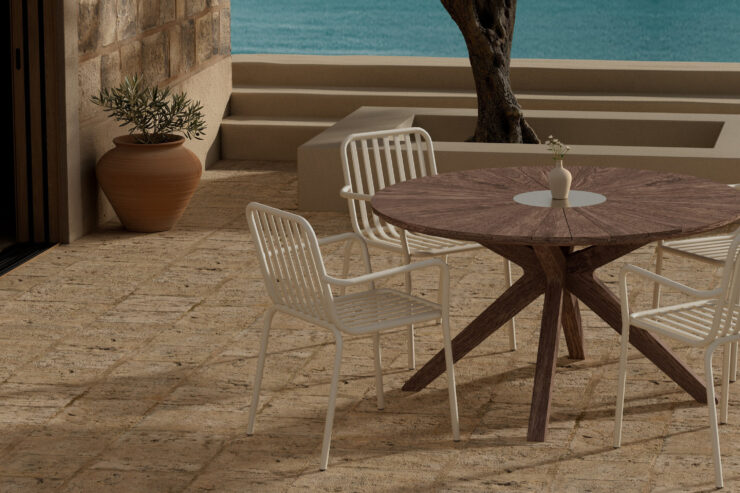 Rosario, Peking – Ensemble repas – Marron – Table : ⌀140cm, Chaise : 64 x 85 x 60 cm