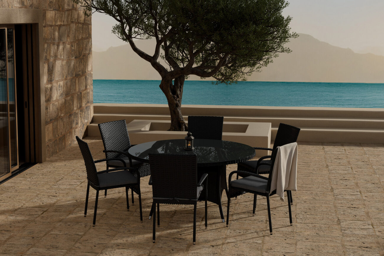 Volta, Anna – Ensemble repas – Noir – Table : ⌀150cm, Chaise : 62 x 95 x 55 cm