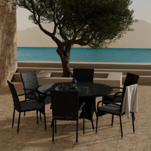 Volta, Anna – Ensemble repas – Noir – Table : ⌀150cm, Chaise : 62 x 95 x 55 cm