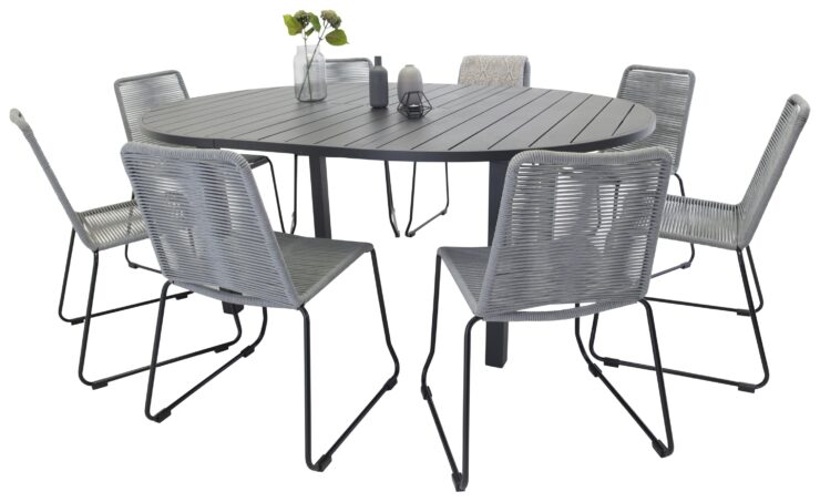 Marbella, Lindos – Ensemble repas – Noir – Table : ⌀140 Chaise : 59 x 85,5 x 59 cm