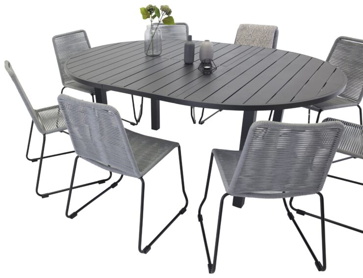 Marbella, Lindos – Ensemble repas – Noir – Table : ⌀140 Chaise : 59 x 85,5 x 59 cm