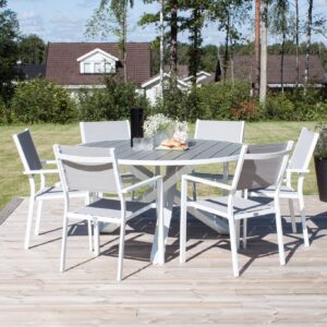 Parma, Copacabana – Ensemble repas – Gris – Table : ⌀140 Chaise : 56 x 88 x 60 cm