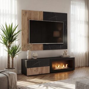 Ensemble TV mural Cannes 1-K – noir, chêne Vicking, effet marbre noir – 160 x 45 x 180 cm