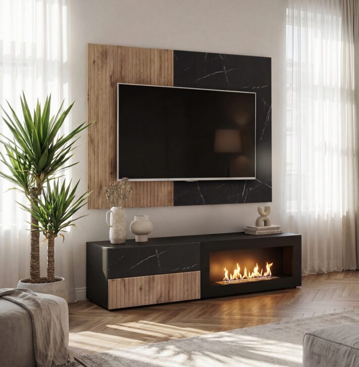 Ensemble TV mural Cannes 1-K – noir, chêne Vicking, effet marbre noir – 160 x 45 x 180 cm