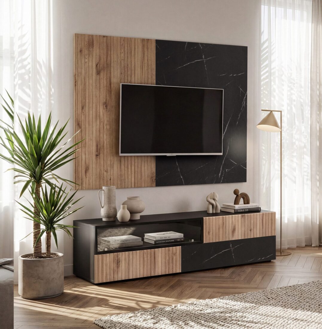 Ensemble TV mural Cannes 1 – noir, chêne Vicking, effet marbre noir – 160 x 45 x 180 cm