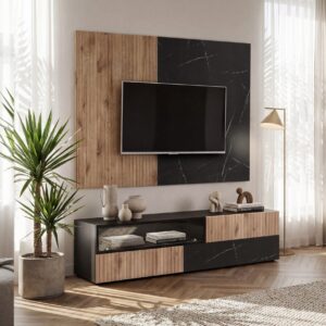 Ensemble TV mural Cannes 1 – noir, chêne Vicking, effet marbre noir – 160 x 45 x 180 cm