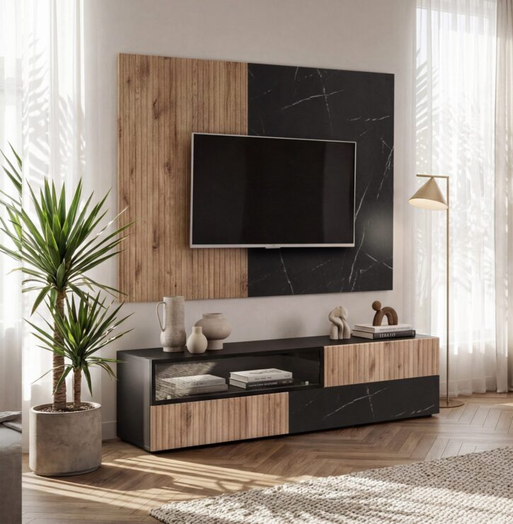 Ensemble TV mural Cannes 1 – noir, chêne Vicking, effet marbre noir – 160 x 45 x 180 cm