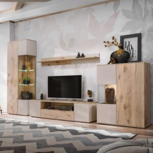 Ensemble TV mural Catalina – chêne Vicking et cachemire – 320 x 45 x 197 cm