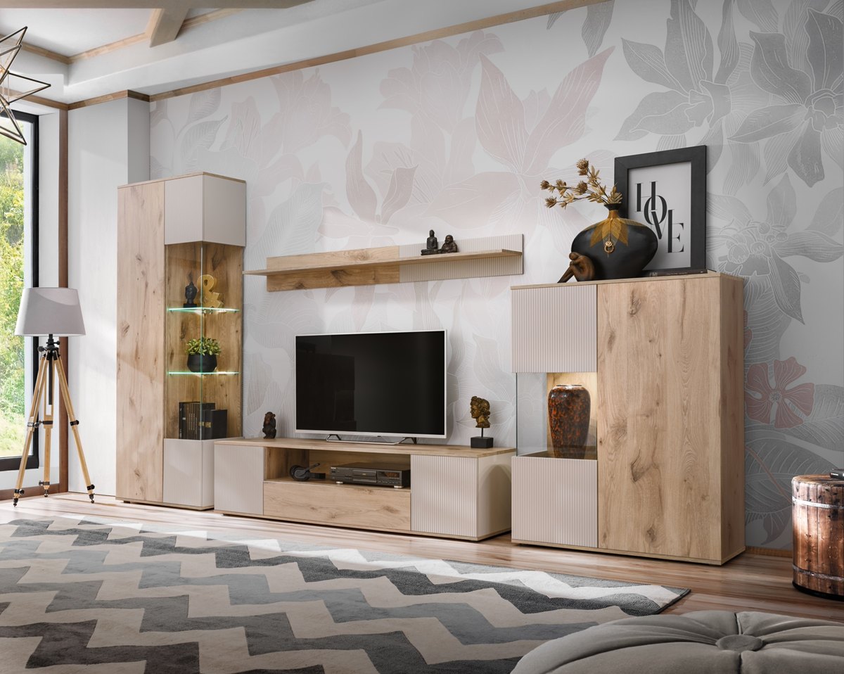 Ensemble TV mural Catalina – chêne Vicking et cachemire – 320 x 45 x 197 cm