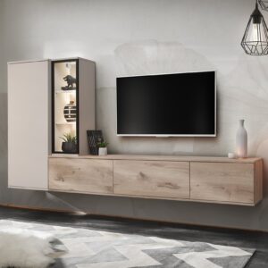 Ensemble TV mural Clare – chêne Vicking et cachemire – 240 x 35 x 125 cm