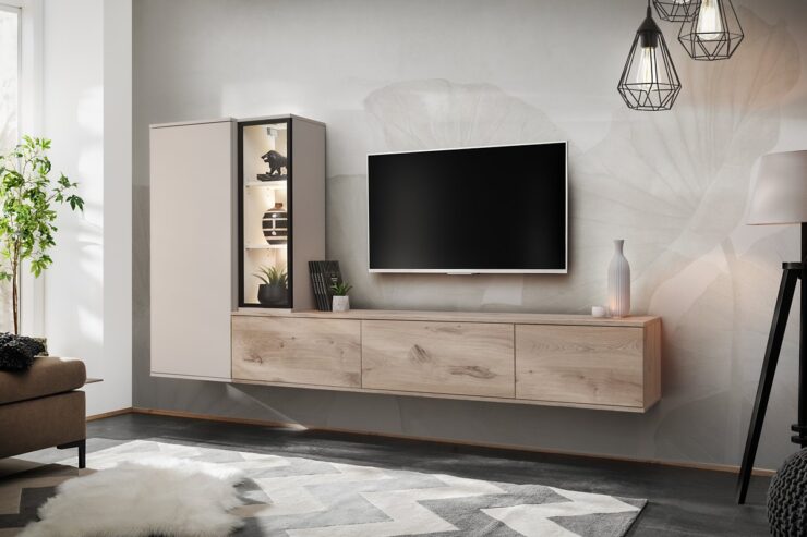 Ensemble TV mural Clare – chêne Vicking et cachemire – 240 x 35 x 125 cm