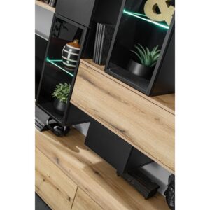 Ensemble TV mural Cruz – chêne Coast Evoke et noir – 280 x 45 x 180 cm