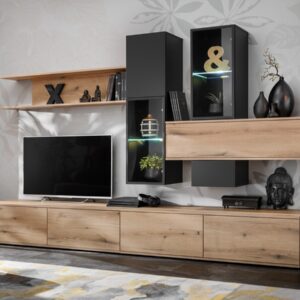 Ensemble TV mural Cruz – chêne Coast Evoke et noir – 280 x 45 x 180 cm