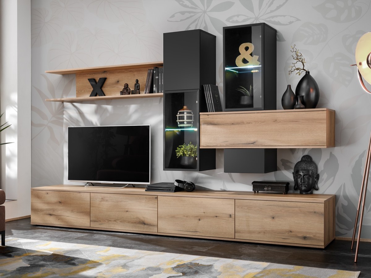 Ensemble TV mural Cruz – chêne Coast Evoke et noir – 280 x 45 x 180 cm