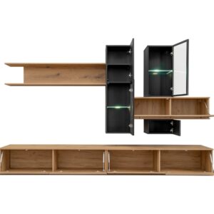 Ensemble TV mural Cruz – chêne Coast Evoke et noir – 280 x 45 x 180 cm