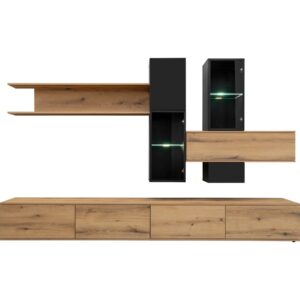 Ensemble TV mural Cruz – chêne Coast Evoke et noir – 280 x 45 x 180 cm