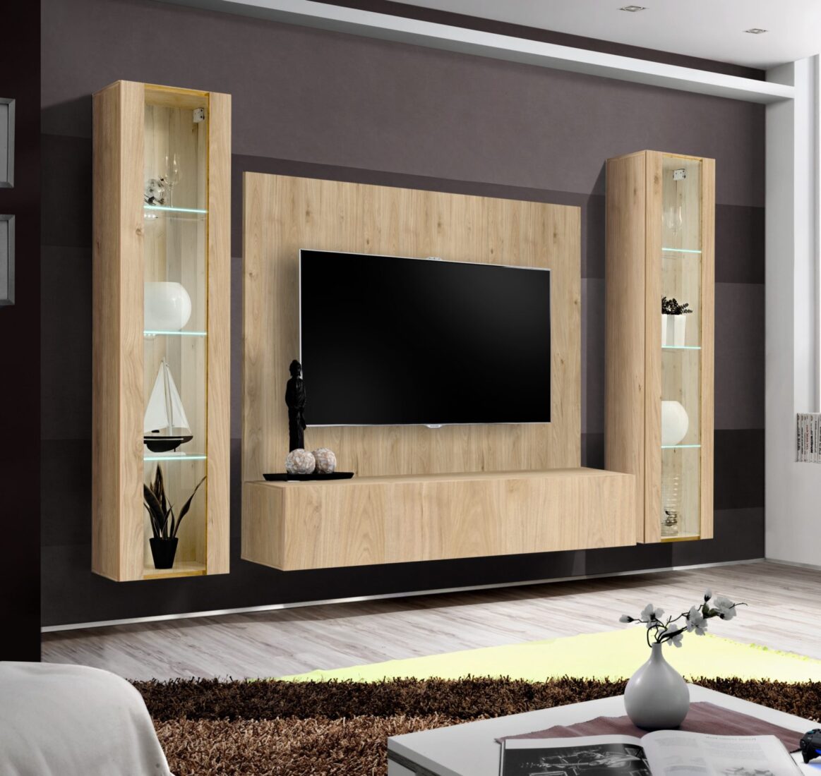 Ensemble TV mural Fly A-P2 – hickory Jackson – 260 x 40 x 170 cm