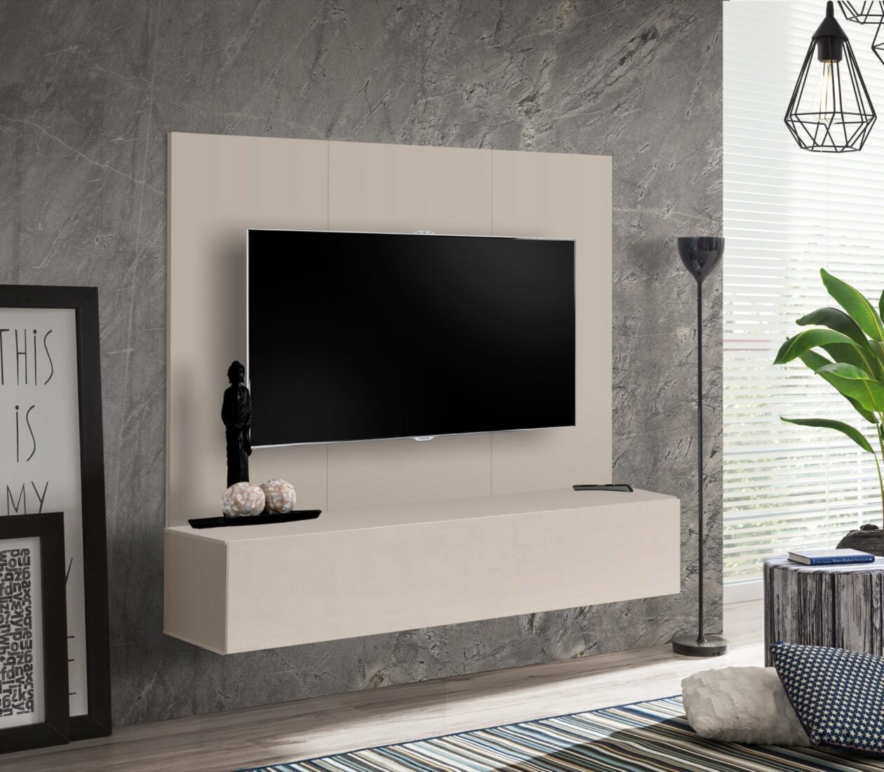 Ensemble TV mural Fly B – cachemire – 160 x 1,6 x 148 cm