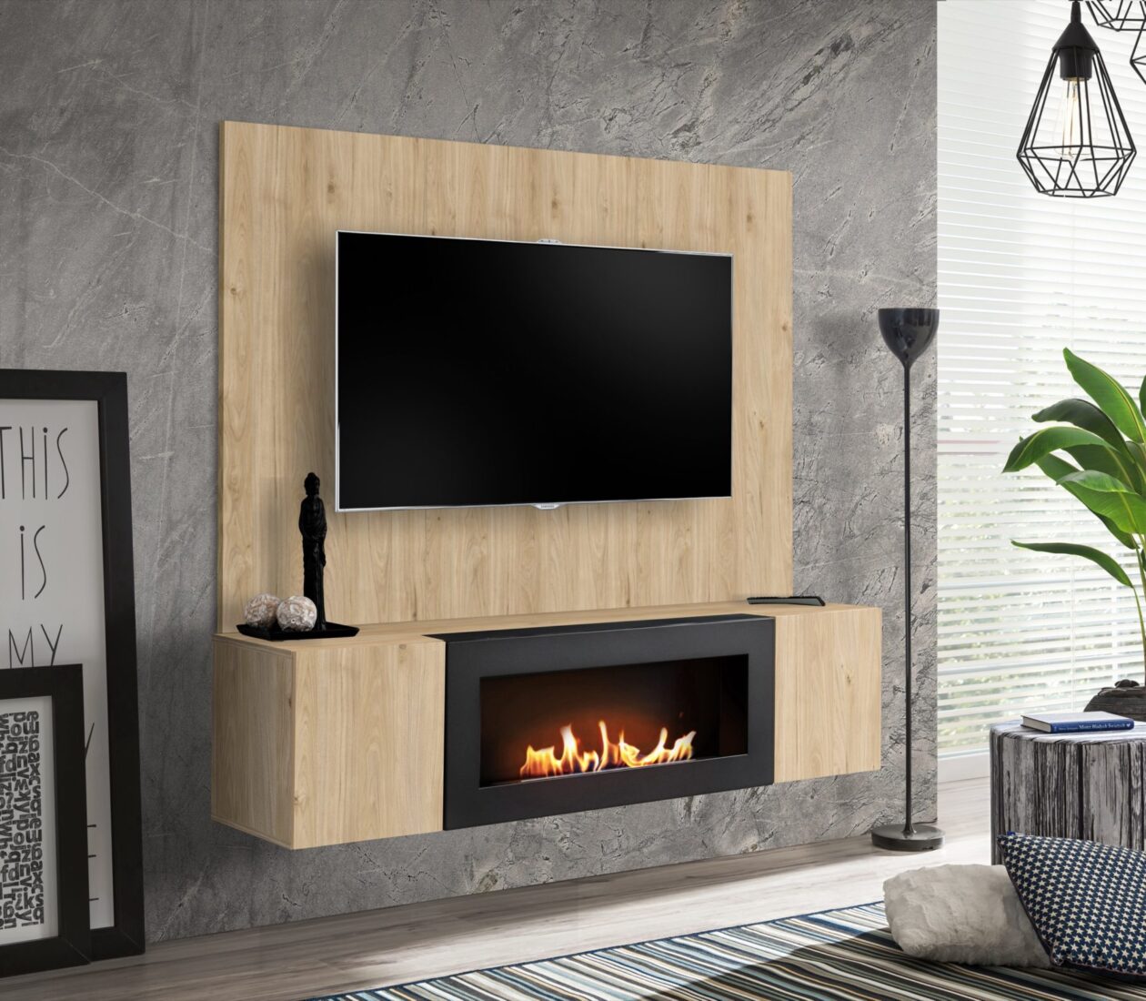 Ensemble TV mural Fly B-K – hickory Jackson – 160 x 1,6 x 158 cm