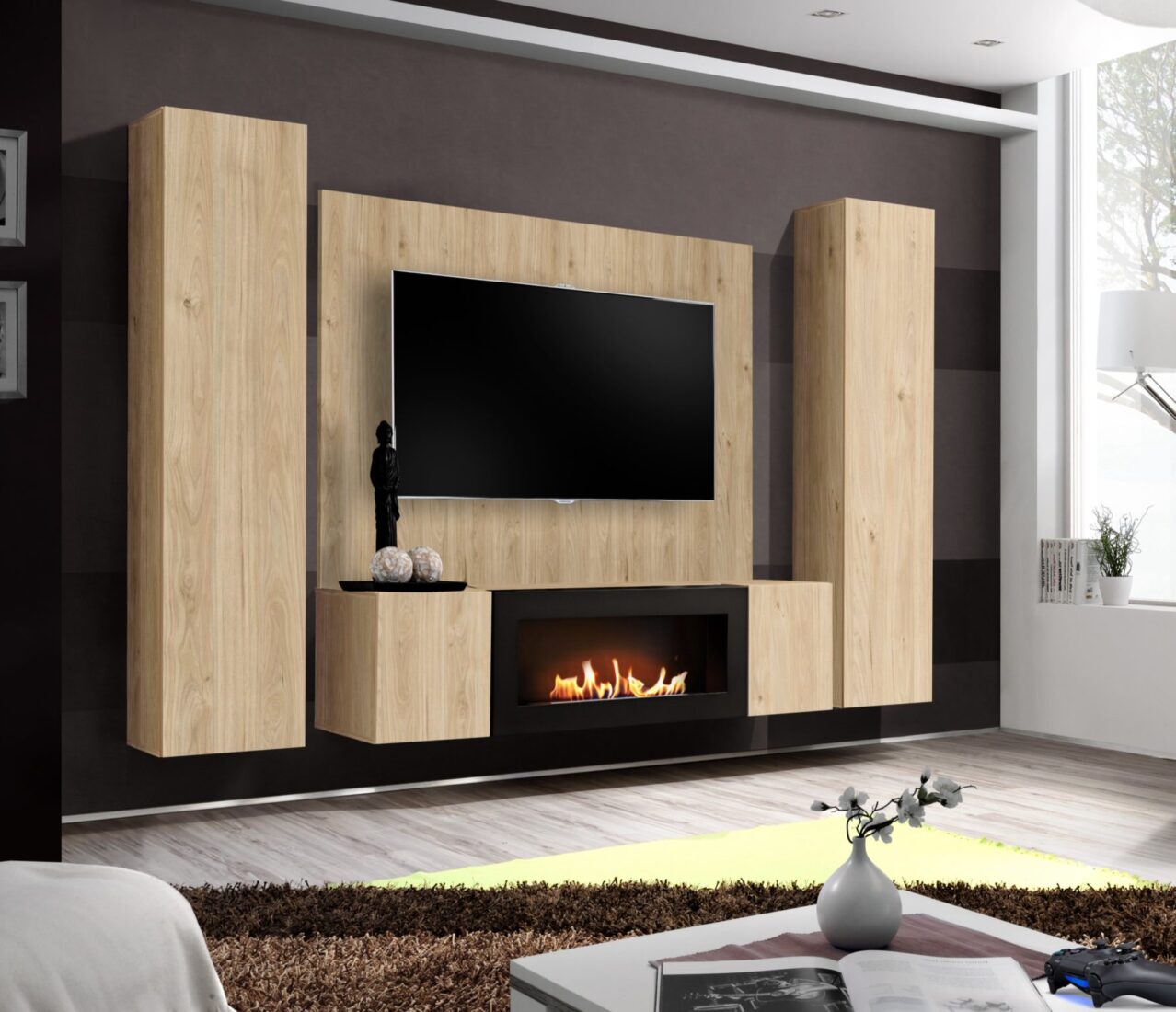 Ensemble TV mural Fly M-P1 – hickory Jackson – 260 x 40 x 170 cm