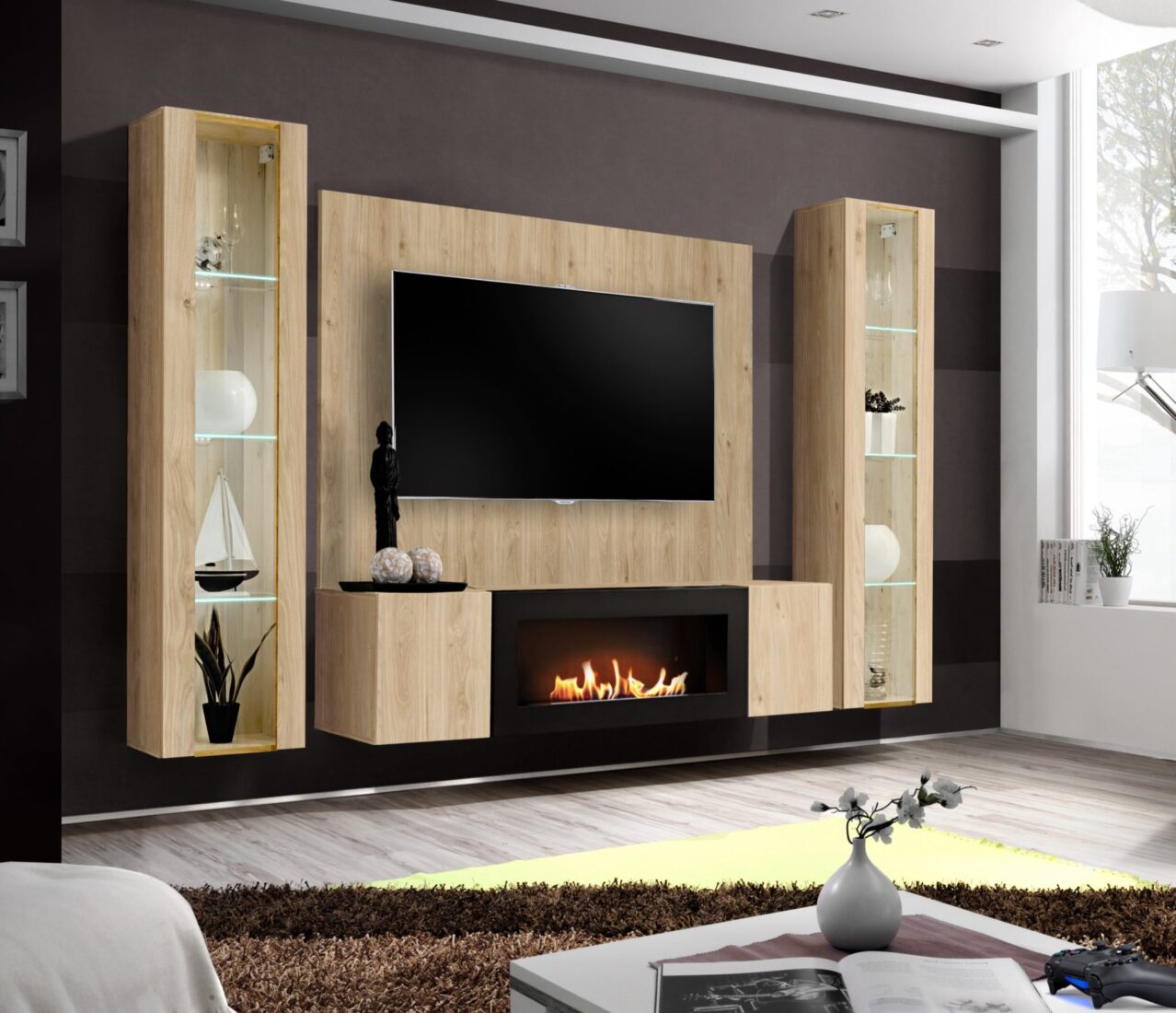 Ensemble TV mural Fly M-P2 – hickory Jackson – 260 x 40 x 170 cm