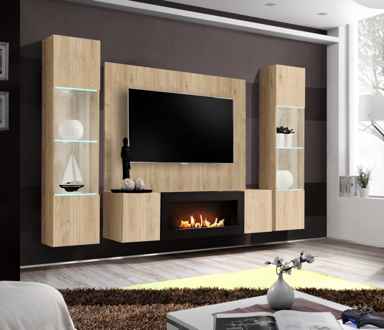 Ensemble TV mural Fly M-P3 – hickory Jackson – 260 x 40 x 170 cm