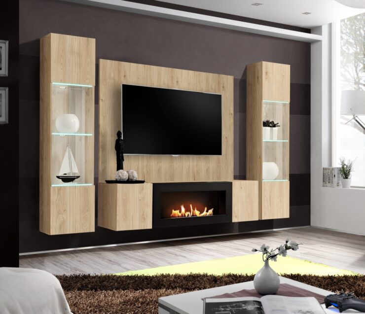 Ensemble TV mural Fly M-P3 – hickory Jackson – 260 x 40 x 170 cm