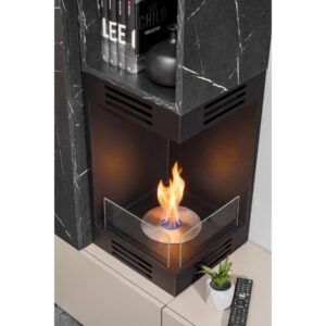 Ensemble TV mural Gina avec cheminée – gris argile et effet marbre noir – 270 x 40 x 158 cm